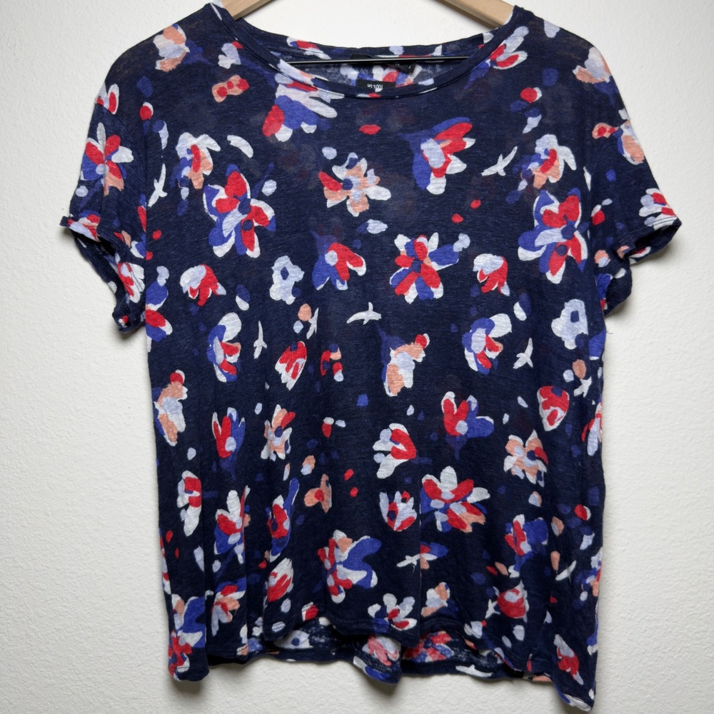 Monoprix Women 100% Linen Shirt‎ Large Navy Blue Floral Coastal Short Sleeve